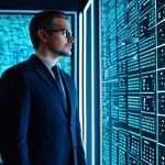 A focused, professional cybersecurity expert, fully clothed in a modest business suit, stands contemplatively in a sleek, futuristic data center. Holographic projections surround the expert; one displays rapidly shifting binary code representing classical encryption, while another shows a complex, interconnected network of swirling light particles, symbolizing quantum computation and qubits. The lighting is cool blue and white, emphasizing a high-tech atmosphere. Perfect anatomy, correct proportions, natural pose, well-formed hands, proper finger count, natural body proportions, appropriate attire, safe for work, appropriate content, family-friendly, high-quality professional photography.