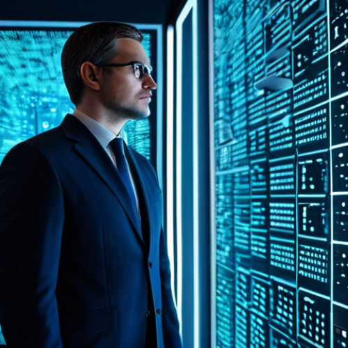 A focused, professional cybersecurity expert, fully clothed in a modest business suit, stands contemplatively in a sleek, futuristic data center. Holographic projections surround the expert; one displays rapidly shifting binary code representing classical encryption, while another shows a complex, interconnected network of swirling light particles, symbolizing quantum computation and qubits. The lighting is cool blue and white, emphasizing a high-tech atmosphere. Perfect anatomy, correct proportions, natural pose, well-formed hands, proper finger count, natural body proportions, appropriate attire, safe for work, appropriate content, family-friendly, high-quality professional photography.