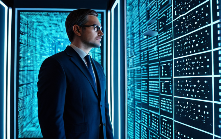 A focused, professional cybersecurity expert, fully clothed in a modest business suit, stands contemplatively in a sleek, futuristic data center. Holographic projections surround the expert; one displays rapidly shifting binary code representing classical encryption, while another shows a complex, interconnected network of swirling light particles, symbolizing quantum computation and qubits. The lighting is cool blue and white, emphasizing a high-tech atmosphere. Perfect anatomy, correct proportions, natural pose, well-formed hands, proper finger count, natural body proportions, appropriate attire, safe for work, appropriate content, family-friendly, high-quality professional photography.