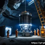 Home 16 암흑 물질 탐색 기술 - A highly detailed underground dark matter detector laboratory, showcasing a massive liquid xenon tan...