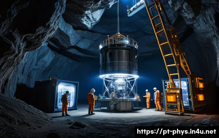암흑 물질 탐색 기술 - A highly detailed underground dark matter detector laboratory, showcasing a massive liquid xenon tan...
