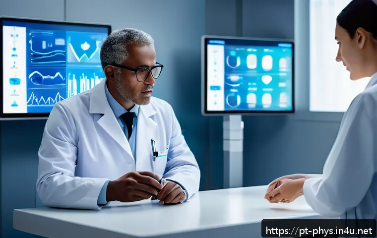 양자 센서와 측정 기술 - A futuristic hospital scene showcasing advanced wearable medical devices on patients with chronic co...