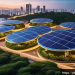Home 16 핵융합과 에너지 개발 - A futuristic Brazilian cityscape at dusk powered by advanced fusion nuclear energy, featuring sleek,...