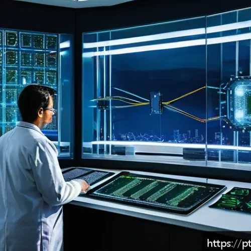 Home 15 양자 터널링 현상 - A futuristic Brazilian research laboratory filled with advanced quantum computing equipment and scie...